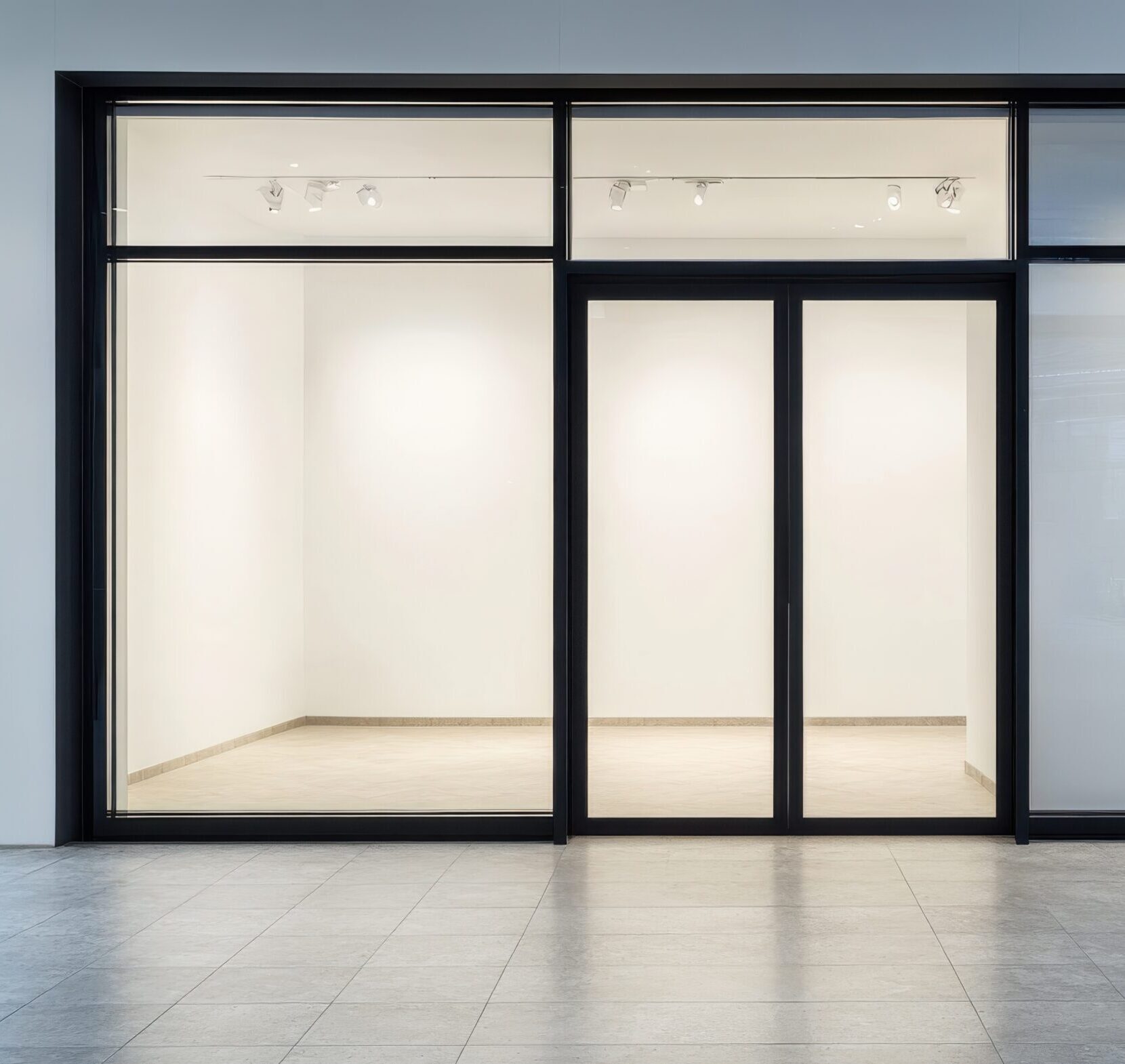 A large window with a black frame and a white background. The window is empty and the store is empty. Empty space for logo or text, mockup
